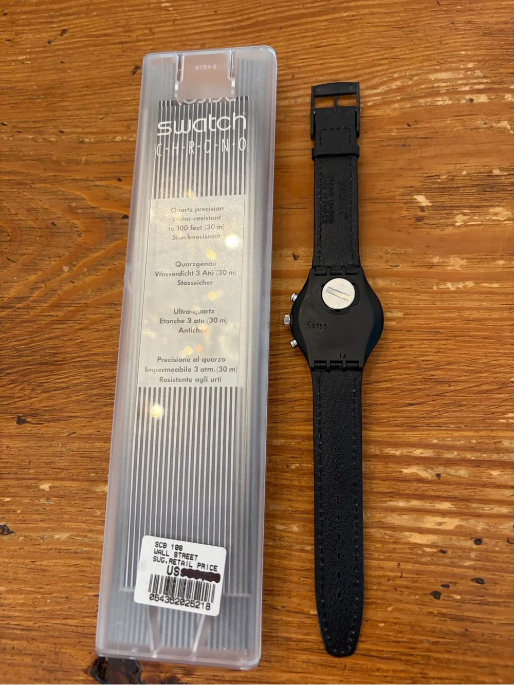 Swatch Chrono Wall Street Black Leather Strap Watch with Gray Subdials